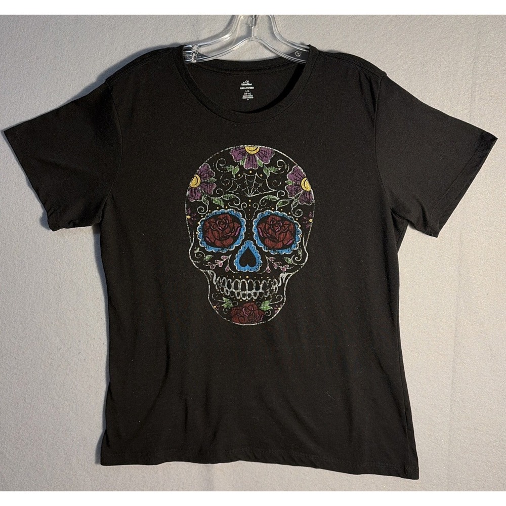 Day Of Dead Floral Sugar Skull T-shirt Dia de los Muertos Graphic Tee Size L